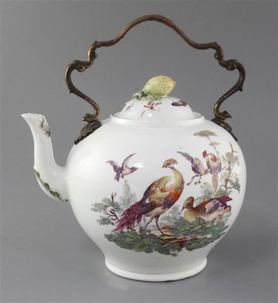 A rare and important Derby punch kettle and cover, c.1760-5, h. 27cm, minor losses to sprig